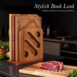 Ensemble de planches à découper en bois d'acacia Xilu en forme de livre avec support de rangement et évier pour viande, poisson, légumes, fromage, pain - Product Image 2