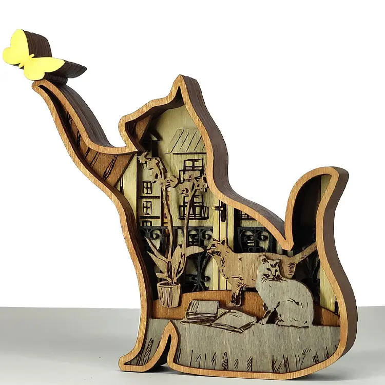 Amazon Best Selling 3D Wooden Animal Farmhouse Decoration Forest Animal 3D Wooden Cat Wooden Craft Decoration
