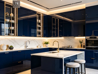 Meubles de cuisine modernes en bois avec îlot, finition bleu foncé brillante, design facile d'entretien, armoires à panneaux plats de luxe sur mesure