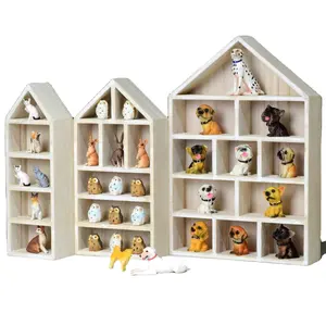 House-Shaped Wooden Shadow Cubby Box Display Shelf Organizer Storage Shadow Box for Mini Figures, Set of 3, Wash White Color