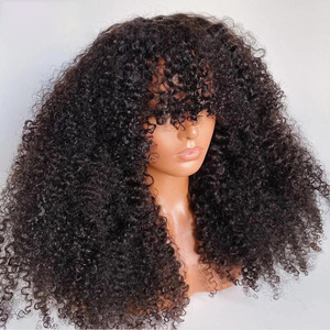 Parrucca Afro Ricci Crespi Neri Naturali con Frangia, in Capelli Umani Brasiliani, Senza Colla, per Donna - Product Image 2