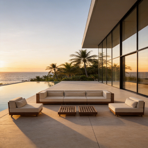 Ensemble de <span class=keywords><strong>salon</strong></span> de <span class=keywords><strong>jardin</strong></span> minimaliste nordique avec lattes en <span class=keywords><strong>bois</strong></span> naturel et tissu résistant aux intempéries et aux UV pour projets haut de gamme - Product Image 3