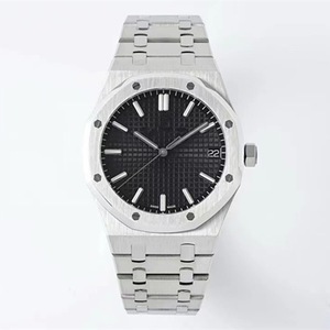 Montre mécanique de haute qualité avec boîtier octogonal en acier inoxydable brossé, bracelet en métal intégré, cadran bleu quadrillé - Product Image 2