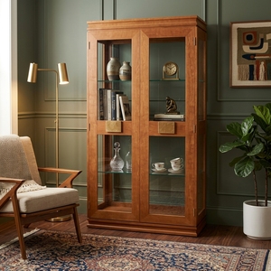 Vitrine traditionnelle en bois massif avec finition naturelle, deux portes vitrées, pour salon, meubles de maison - Product Image 2