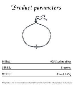 S925 Silver Black Rhodium Plated Cross <b>Bracelet</b> With Round Diamond Minimalist Everyday Wear Unisex Chain Link Jewelry - Product Image 2