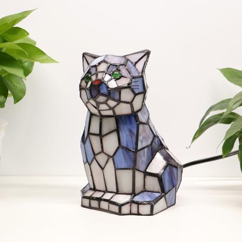 Modern Tiffany Cat Lamp Blue and White Stained Glass Dome Shade