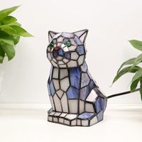 Lampe de table moderne en forme de chat, abat-jour en verre teinté bleu et blanc, avec base E26, alimentée par batterie
