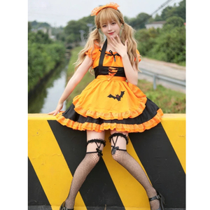 Costume de cosplay de demoiselle d'honneur chauve-souris et citrouille d'Halloween, robe Lolita <span class=keywords><strong>orange</strong></span> et noire, tenue de fête et de séance photo - Product Image 3