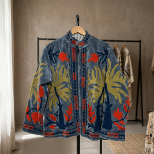 Women Velvet Floral Embroidered <b>Jacket</b> <b>Mandarin</b> <b>Collar</b> Full Sleeve Boxy Style Autumn Ethnic Bohemian Pattern Handwork Suzani - Product Image 1