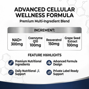 OEM ODM NAD+ Complex GMP Halal 60 Cápsulas con CoQ10, Resveratrol y Extracto de Semilla de Uva, 300mg por Porción - Product Image 2