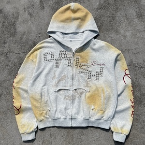 Custom Graphic 100% Cotton Cropped Hoodies French Terry Oversized Zip Hoodie Acid Wash Distressed Zip up Hoodie Manufacturer - Product Image 1