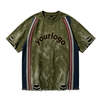 T-shirt Homme de Haute Qualité en Coton avec Strass, Patchwork, Effet Vieilli, Lavage Neige Vintage, Impression Personnalisée
