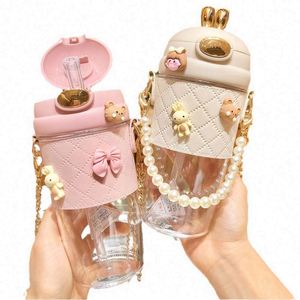 Botella de Agua de Plástico Ecológica con Diseño de Orejas de Conejo para Niños, 380ml/580ml, con Pajita, Perlas y Correa de Cadena Metálica, Vaso Térmico - Product Image 4