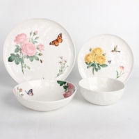 Service de table en céramique à motifs floraux et papillons, assiettes et bols en grès motif rose de jardin et colibris