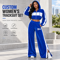 Ensemble de survêtement en velours personnalisé pour femme, veste courte zippée à capuche à manches longues et pantalon large fendu pour tenue de ville quotidienne