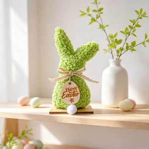 Figura de Conejo de Peluche <span class=keywords><strong>para</strong></span> Pascua con Base de <span class=keywords><strong>Madera</strong></span>, Decoración Rústica de Primavera <span class=keywords><strong>para</strong></span> Mesa, Adorno de Conejo Verde Sherpa <span class=keywords><strong>para</strong></span> Estante o Bandeja Escalonada - Product Image 2
