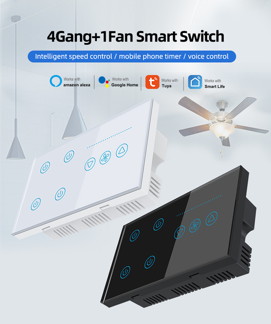Smart Life Tuya WiFi Remote Control Smart Touch Switch Ceiling Fan Glass Panel Light Wall Switches Smart Home Automation Devices