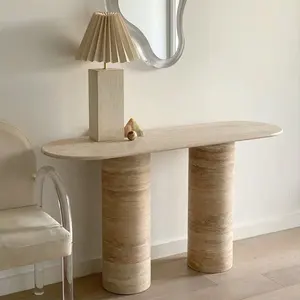 Mesa longa de travertino para sala de estar, mesa de console luxuosa de estilo italiano com coluna de duas pernas e pedra bege