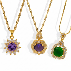 <b>Necklaces</b> Stainless Steel 18k Plated Gold Cz Pendant Colorful Gemstone Flower Shaped Luxury <b>Statement</b> Jewelry for Women - Product Image 3