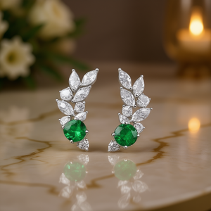 E1764 Orecchini in oro bianco con diamanti e smeraldi taglio marquise, diamanti naturali per matrimonio, stile classico da donna - Product Image 2