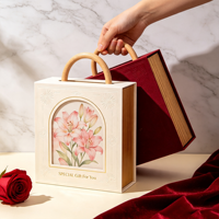 Boîte cadeau de mariage haut de gamme, emballage rigide en papier de luxe avec poignée en bois unique pour ensemble de produits de marque de luxe