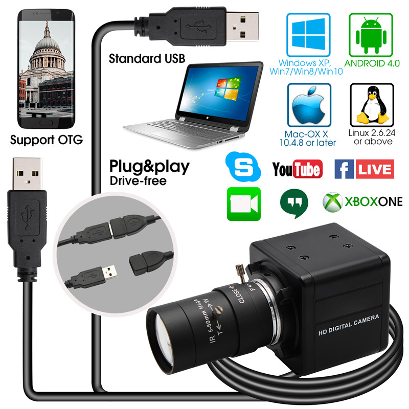 ELP 8MP 10XズームUSB WebカメラCMOS IMX179 CS 5-50mmUSBカメラ