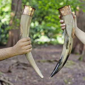 Genuine Ox-Horn Viking Drinking Horn with Horn Stand & Brass Wolf Adornments by WONDER OVERSEAS - Product Image 1