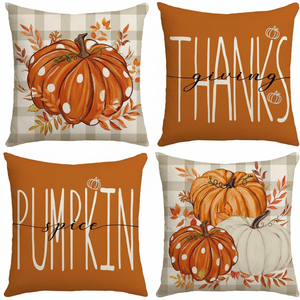 Ensemble de 4 coussins décoratifs 18x18 pouces avec motifs citrouille et feuille d'érable en aquarelle pour la récolte d'automne et la décoration de Thanksgiving - Product Image 2