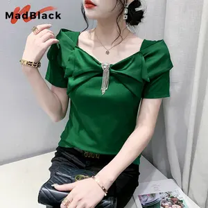 MadBlack Summer European Clothes 3D Bowtie T-Shirt Women Sexy Rhinestones Slim All Match Tops Short Sleeves Basic Tees T35305M