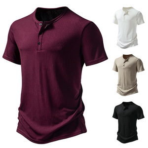 T-shirt da uomo girocollo a tre bottoni in maglia a costine, a maniche corte, tinta unita, sportiva, vestibilità ampia, per giovani, nuova collezione estate 2026, 100% cotone - Product Image 4