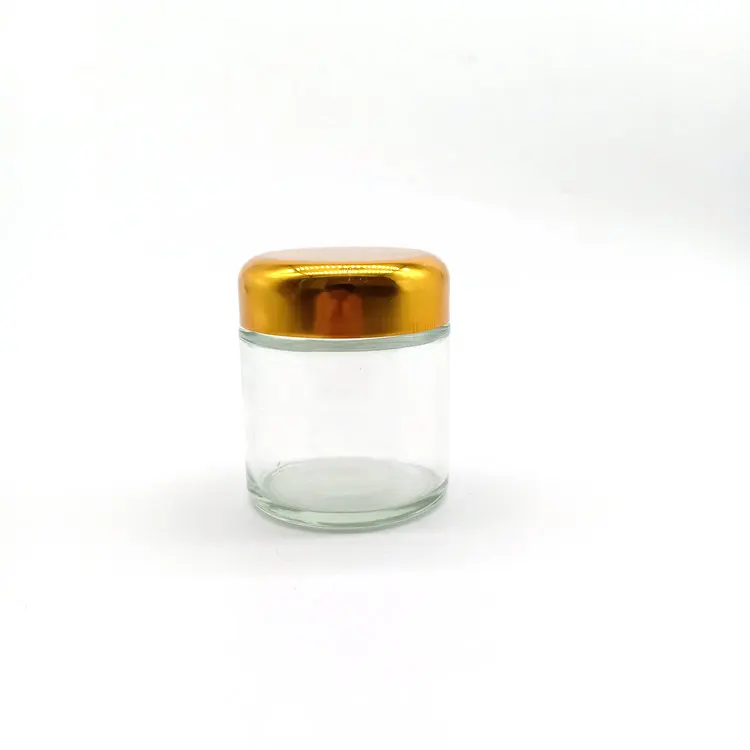 High quality 100g 100ml round straight shape clear skin care cream glass jar with aluminum golden screw cap