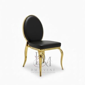 Chaise de mariage ronde en acier inoxydable doré avec dossier médaillon noir et revêtement noir pour mariages et événements de banquet - Product Image 3