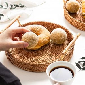 <span class=keywords><strong>Panier</strong></span> décoratif miniature en rotin, plateau en bambou tressé avec filet, extra large, rond, 20 pouces, rangement en rotin sous le lit, poignées en bois - Product Image 2