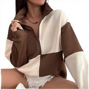 Sweat-shirt en molleton mélangé coton à col montant et fermeture éclair quart de tour, couleur marron crème, pour femme, commandes sur mesure - Product Image 2