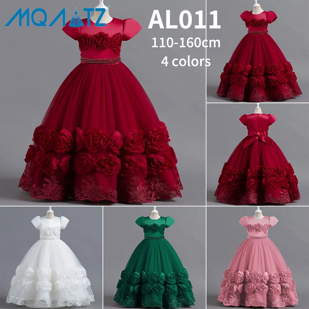 MQATZ 2023 Hot Selling Party Short Sleeve Dress Flower Frock Design Big Kids Appliqued Clothing 12 Year Girl AL011