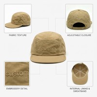Casquette de camping 5 panneaux personnalisée 2026 en tissu nylon technique performant avec logo brodé ton sur ton, visière plate structurée, vente en gros B2B