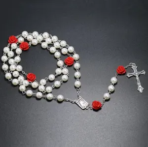 热卖玫瑰经塑料珍珠8毫米珠子玫瑰花珠耶稣十字架基督玛丽亚股票项链祈祷