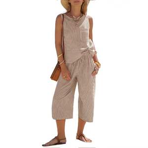 Conjunto de Camisa y Pantalones sin Mangas con Cuello Cuadrado y Rayas Tejidas para Mujer, Transpirable, Casual, Elegante, para Vacaciones de Verano y Playa - Product Image 4
