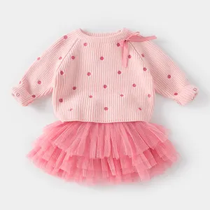 Sweter bayi perempuan polka dot bordir kasual dengan hiasan pita sweater anak perempuan bayi jumper chunky hangat