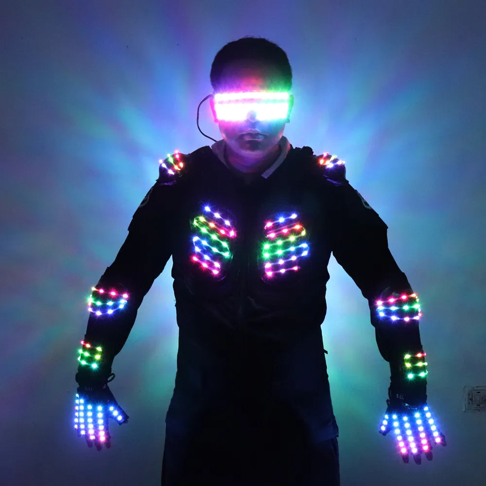 Kostum LED Armor Cahaya warna-warni RGB pakaian performa bercahaya untuk pria pakaian Robot MC Bar DJ baju Ballroom dipakai dan Gaun menunjukkan