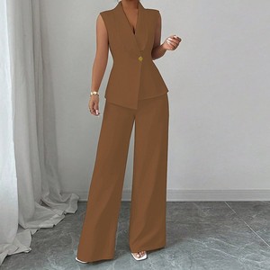 ชุดเซ็ต 2 ชิ้น เสื้อกั๊กสีพื้นเรียบหรูและกางเกงขายาวทรงตรง สไตล์ลำลองสำหรับผู้หญิง แฟชั่นฤดูใบไม้ร่วง - Product Image 2