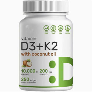 Vitamina D3 K2 10000IU (200mcg) Aceite de coco 100% a base de plantas Vitamina <span class=keywords><strong>D</strong></span> vegana y vegetariana 250 cápsulas - Product Image 1