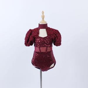 새로운 성인 소녀 라틴 재즈 댄스 의상 Claret 스팽글 댄스 레오타드 플라워 퍼프 슬리브 전문 대회 댄스웨어 - Product Image 3