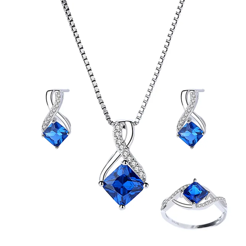 Grosir Set perhiasan halus safir mewah 925 perak murni liontin tak terbatas kalung anting cincin untuk wanita