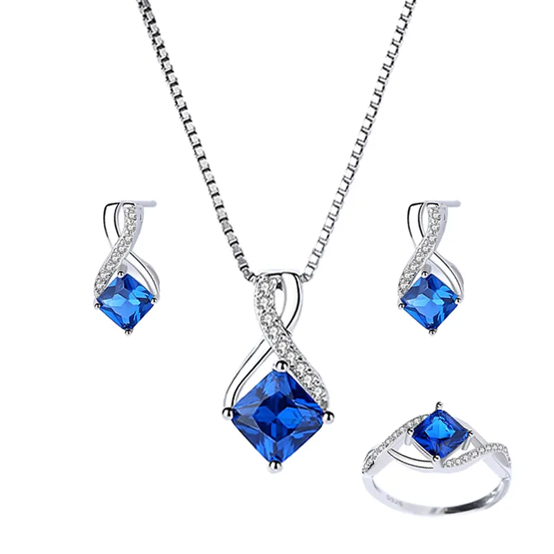 Bán Buôn Sang Trọng Sapphire Đồ Trang Sức Tốt Set 925 Sterling Bạc Infinity Mặt Dây Chuyền Vòng Cổ Bông Tai Nhẫn Cho Phụ Nữ