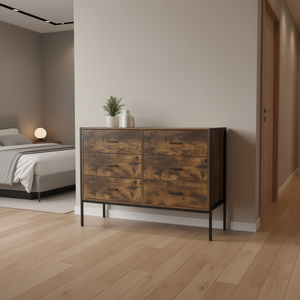 Commode double de style industriel à 6 tiroirs en bois brun rustique avec structure en acier, organisateur de vêtements - Product Image 2