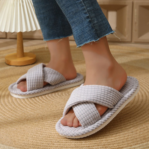 Women Waffle Fabric Indoor Slipper Quiet Cross Upper Lightweight Anti-Slip Home Spa Hotel Open Toe Winter Slippers - Product Image 4