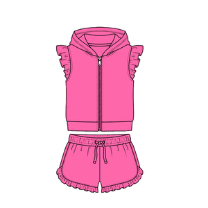 Conjunto de Ropa al por Mayor para Niñas Pequeñas, Diseño Personalizado, Sudadera con Capucha de Color Amarillo Sólido y Mangas con Volantes, Top con Cierre y Pantalones Cortos - Product Image 2