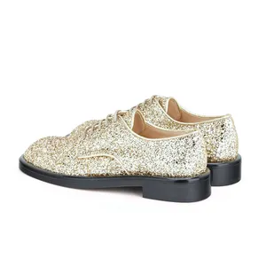 OEM Luxury Light Glitter Fabric Upper Rubber Sole Leather Lining Loafer Flat High Quality Jewish Woman Lace-Up Shoes
