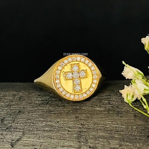 14K ทองแข็งเพชรธรรมชาติตราสัญลักษณ์รัศมีวงแหวนข้าม - Product Image 1